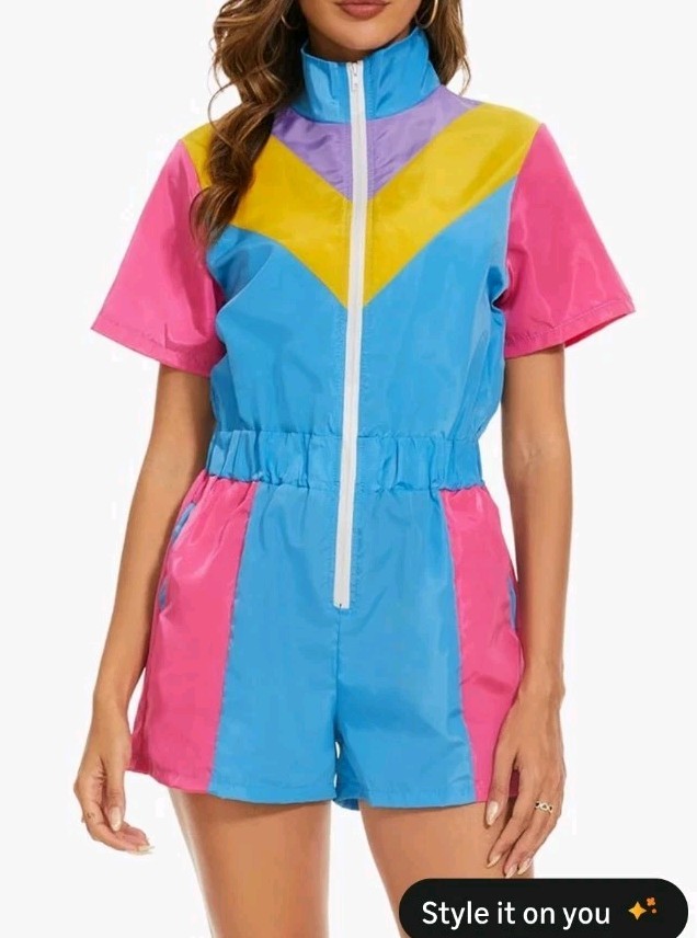 Yisfri Jumpsuit Women’s Neon Blue Size XXL New Short Zipper Elastic Waist 80