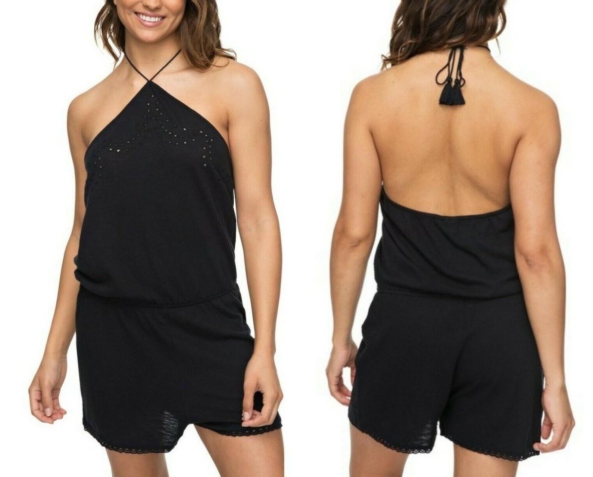 ROXY Round Rock Romper Sz M Black Embroidery Halter Neck Tassel Lace Trim Cotton