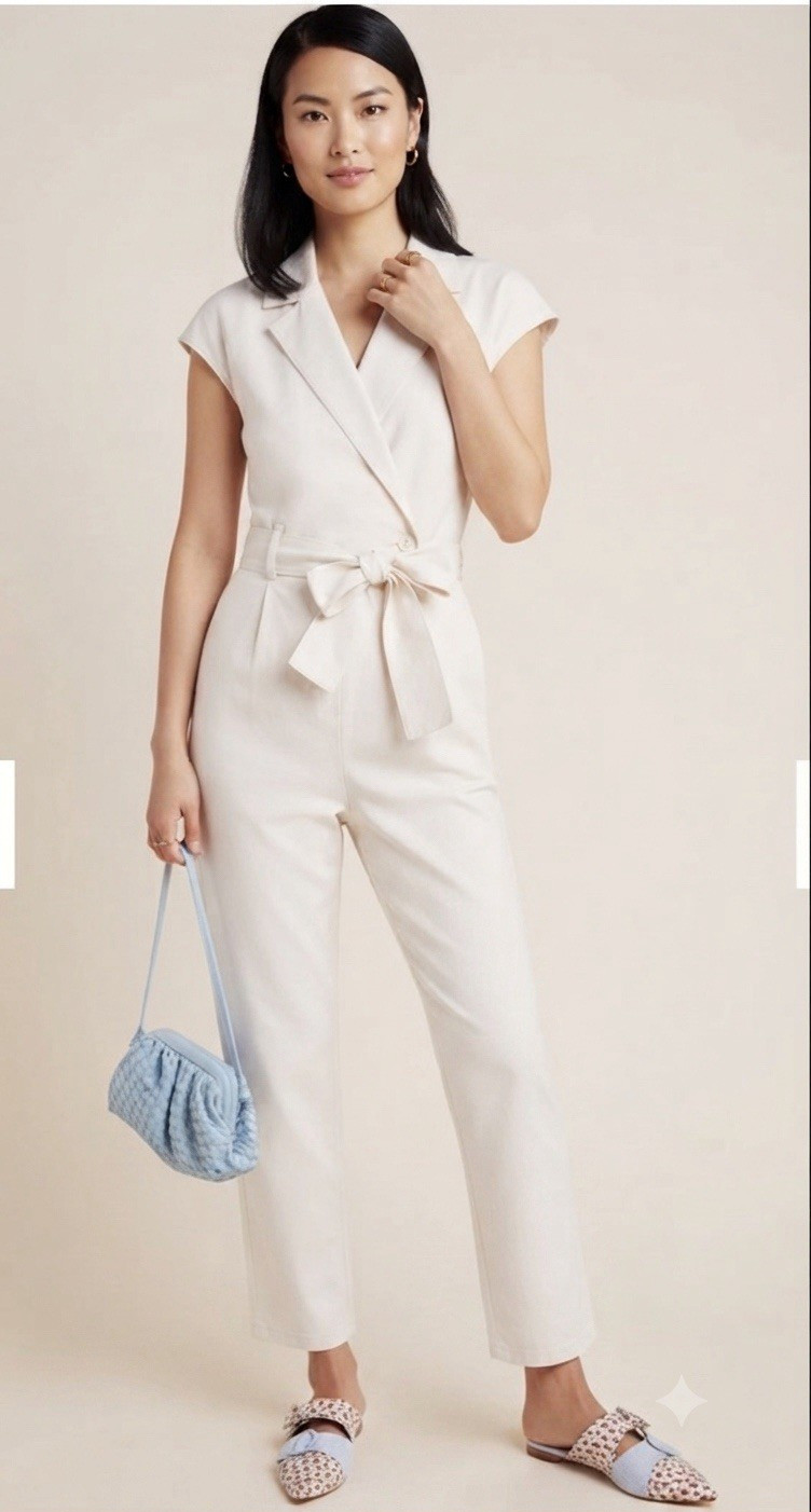 Anthropologie White Wrap Belted Jumpsuit w/ Pockets Size 2 Cap Sleeve