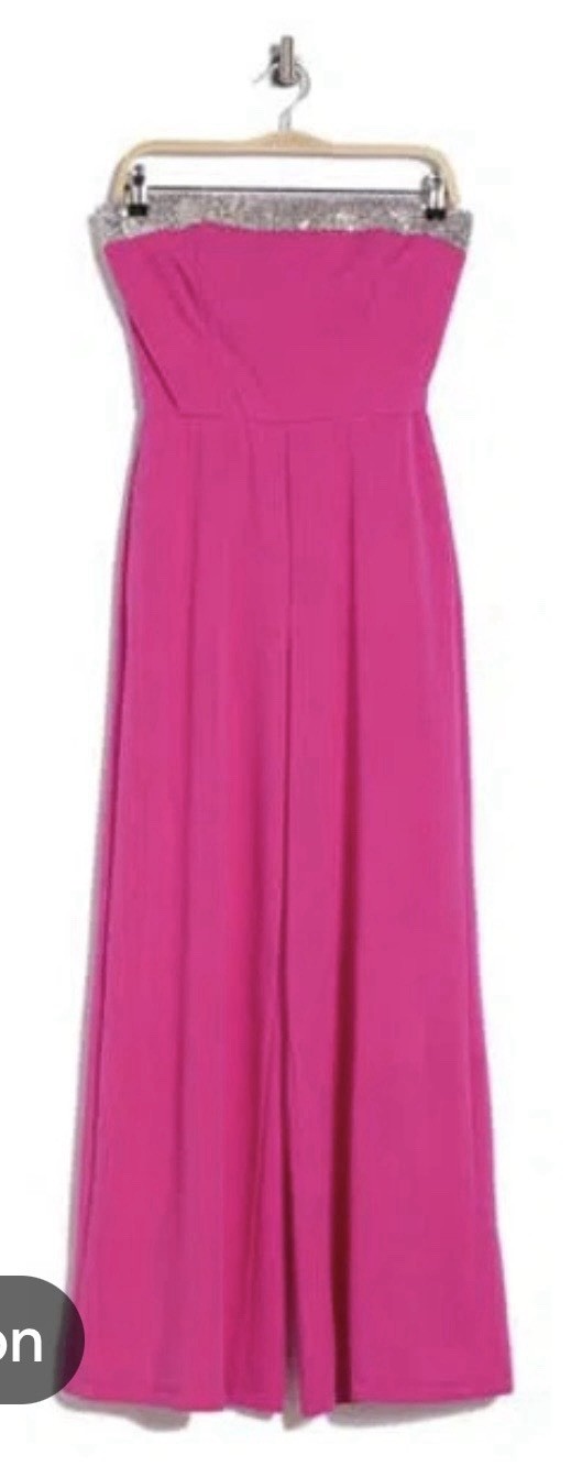 NWT Marina Hot Pink Strapless, Wide Leg Jumpsuit With Rhinestone Trim Detail, M