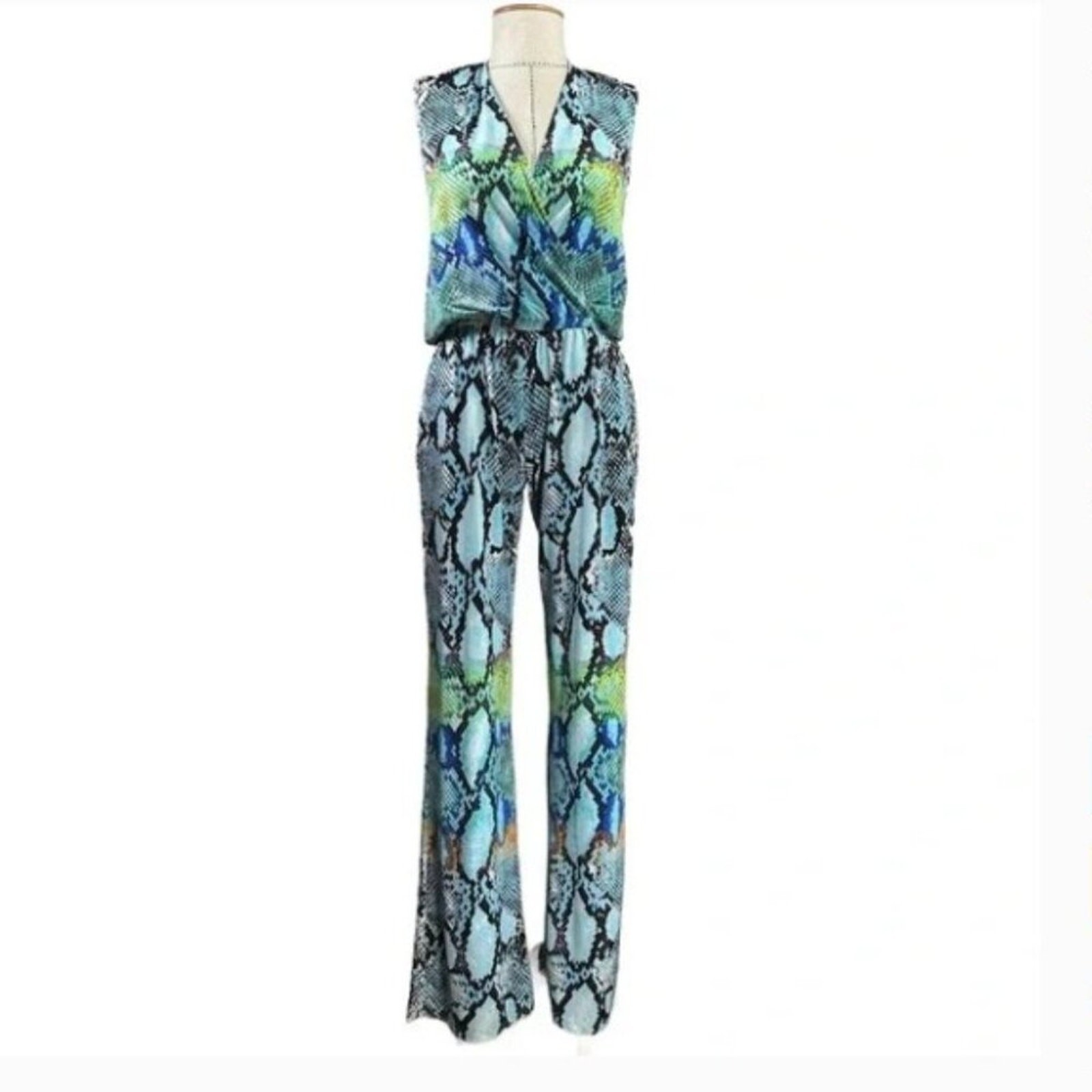 Hale Bob Sienna Halter Snakeskin Jumpsuit Snake Resortwear 70s Party Blue Green