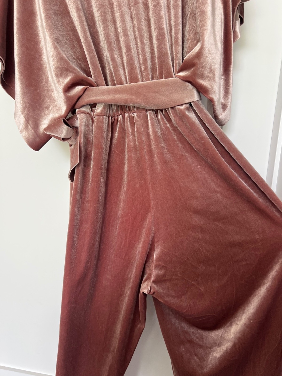 Norma Kamali Rectangle Jog Jumpsuit salmon pink stretch velvet small