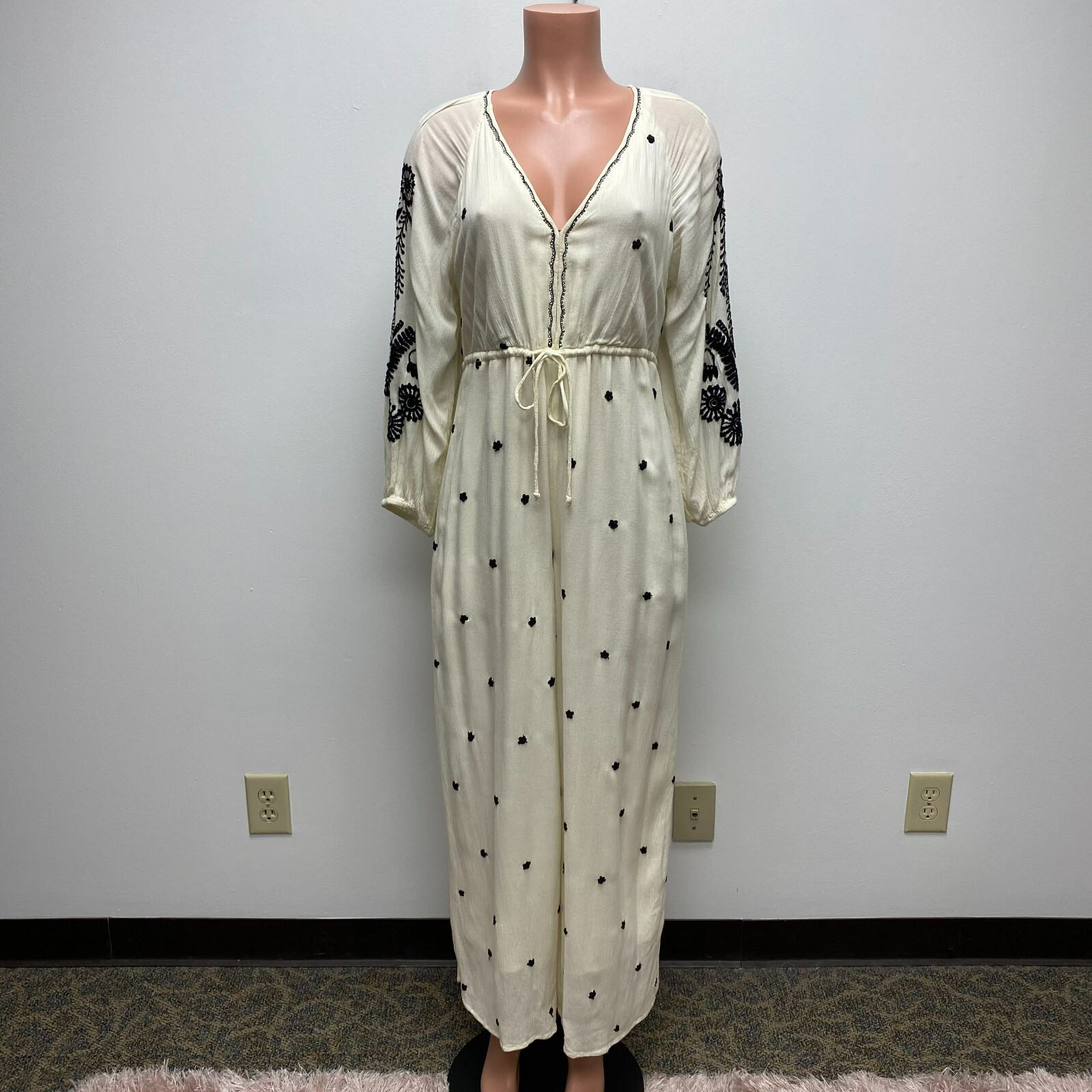 Free People Women Ivory Black Embroidered Long Sleeve V-Neck Wide Leg Jumpsuit S