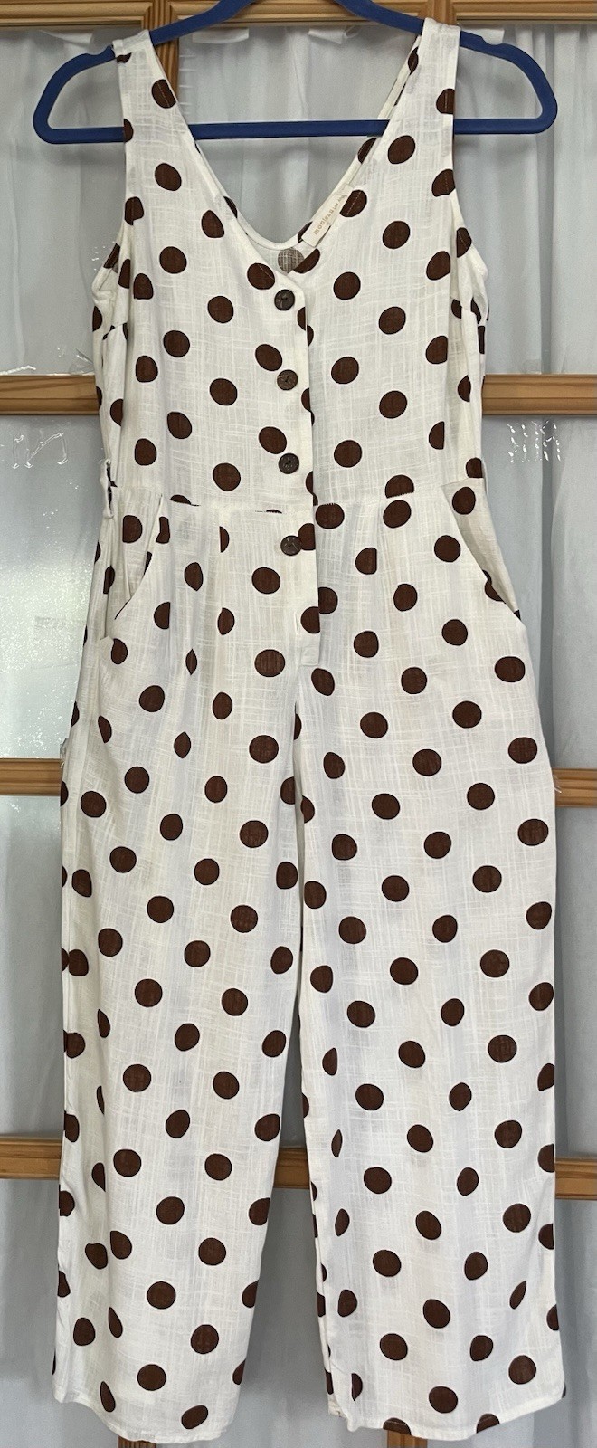 Monteau LA Wide Leg Jumpsuit Womens M Linen Blend White Brown Dots Boho Modern