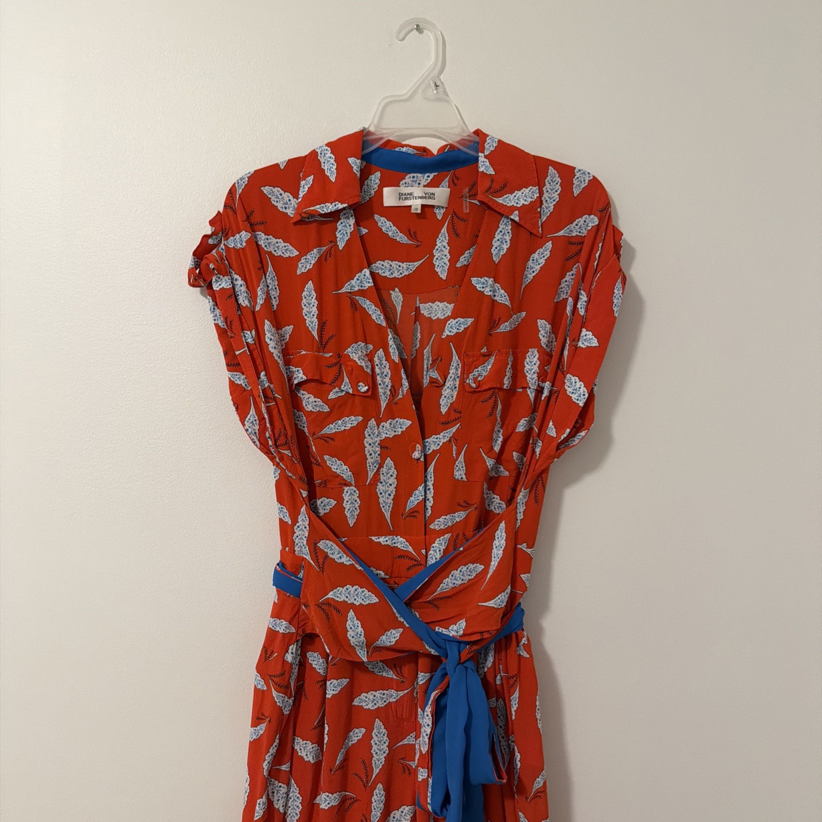 Diane Von Furstenberg Utilitarian Jumpsuit Orange Blue Benji Wrap Tie Size 12