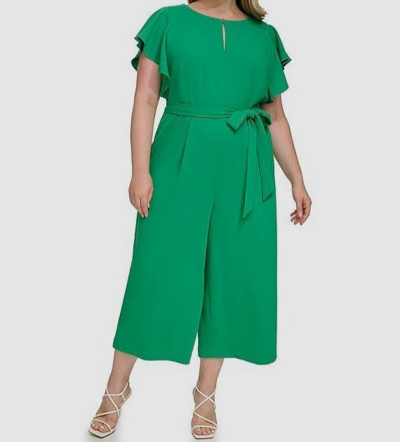 DKNY Womens Green Short Flutter Sleeve Crew Neck Tie Waist Cropped Plus Size 22W