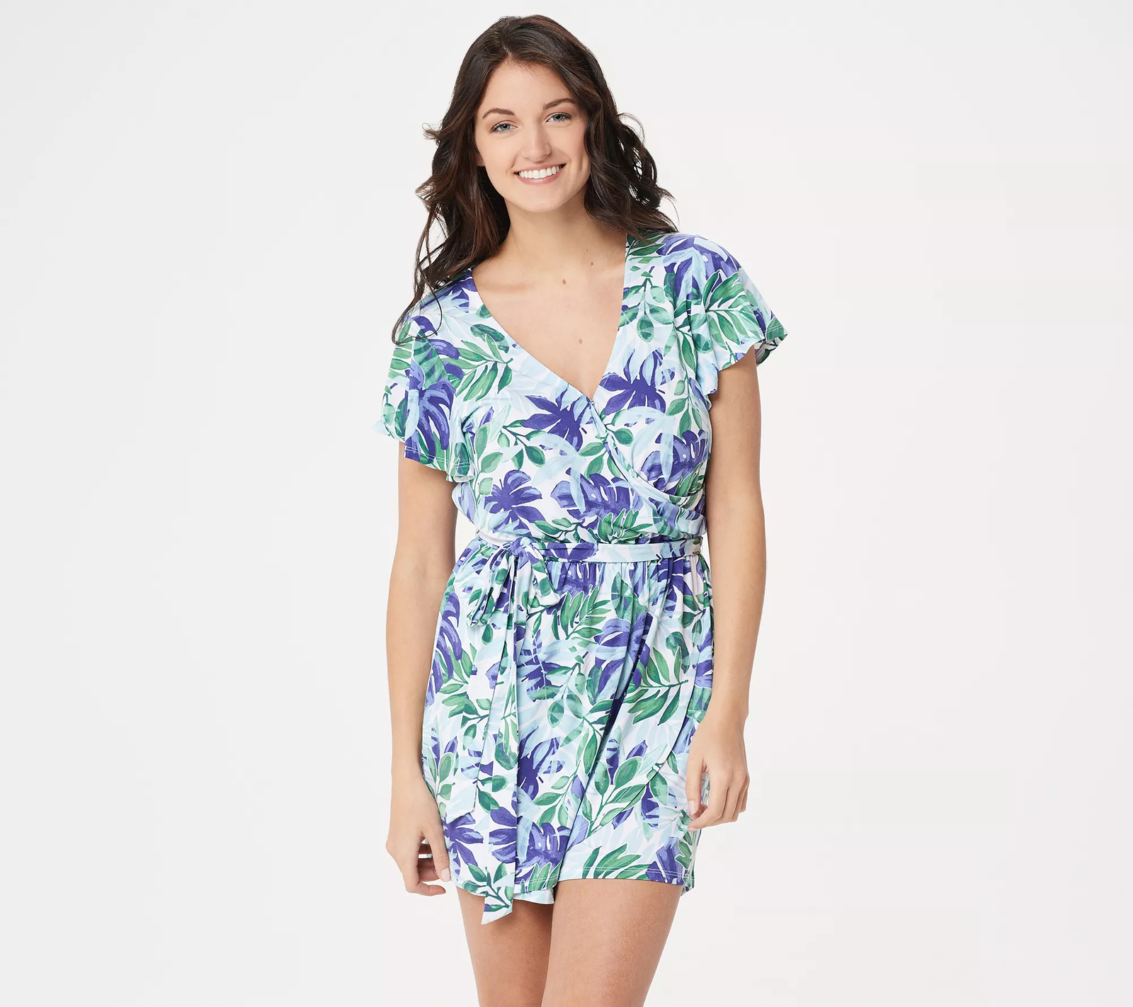 Du Jour Printed Faux Wrap Front Romper – Blue Multi, Size: Medium