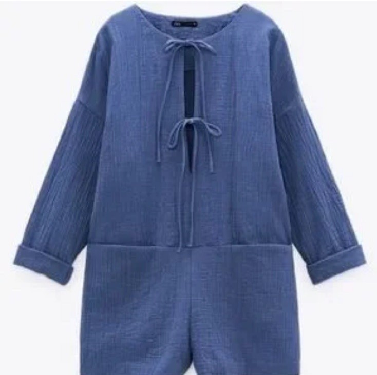 Zara Tie Front Cotton Gauze Coastal Blue Textured Romper Medium