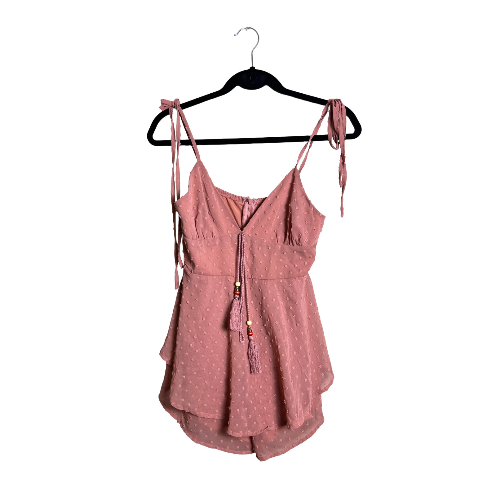 Boho Swiss Dot Romper Mauve Tie Shoulder Tassel