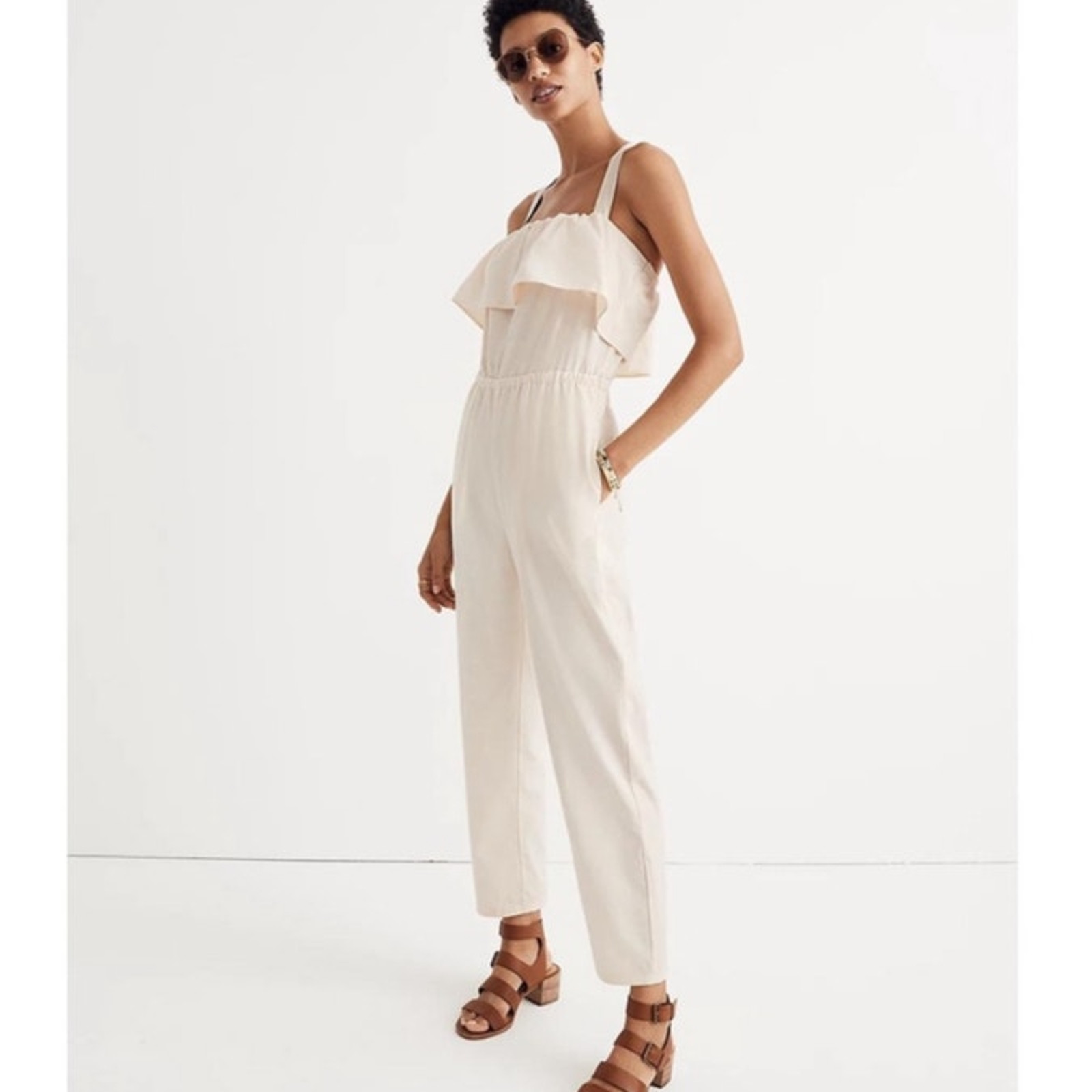 Madewell Apron Ruffle Linen Blend Jumpsuit in Cream H8825 Size S