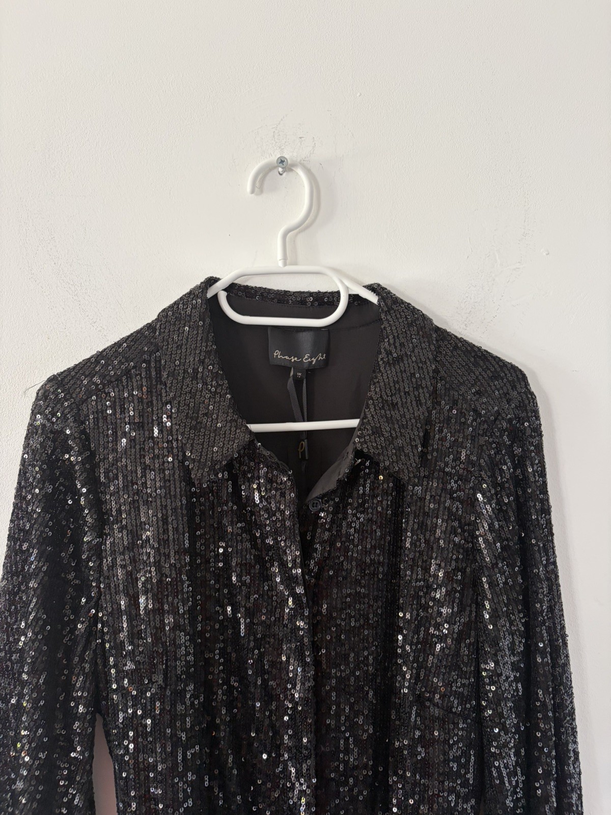 Phase Eight Alessandra Black Sequin Shirt Jumpsuit NEW Size 14 Collar Party L29