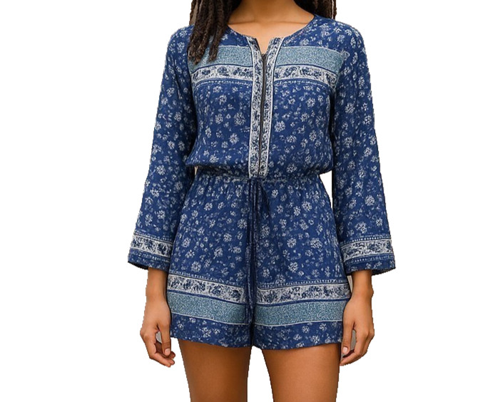 Ann Taylor Romper XS Blue Floral Lace High Neck Long Sleeve Adjustable Waist