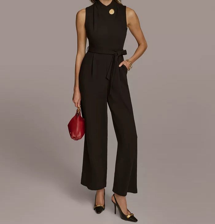 Donna Karan New York Women’s Black Mock-Neck Belted Jumpsuit Size 16
