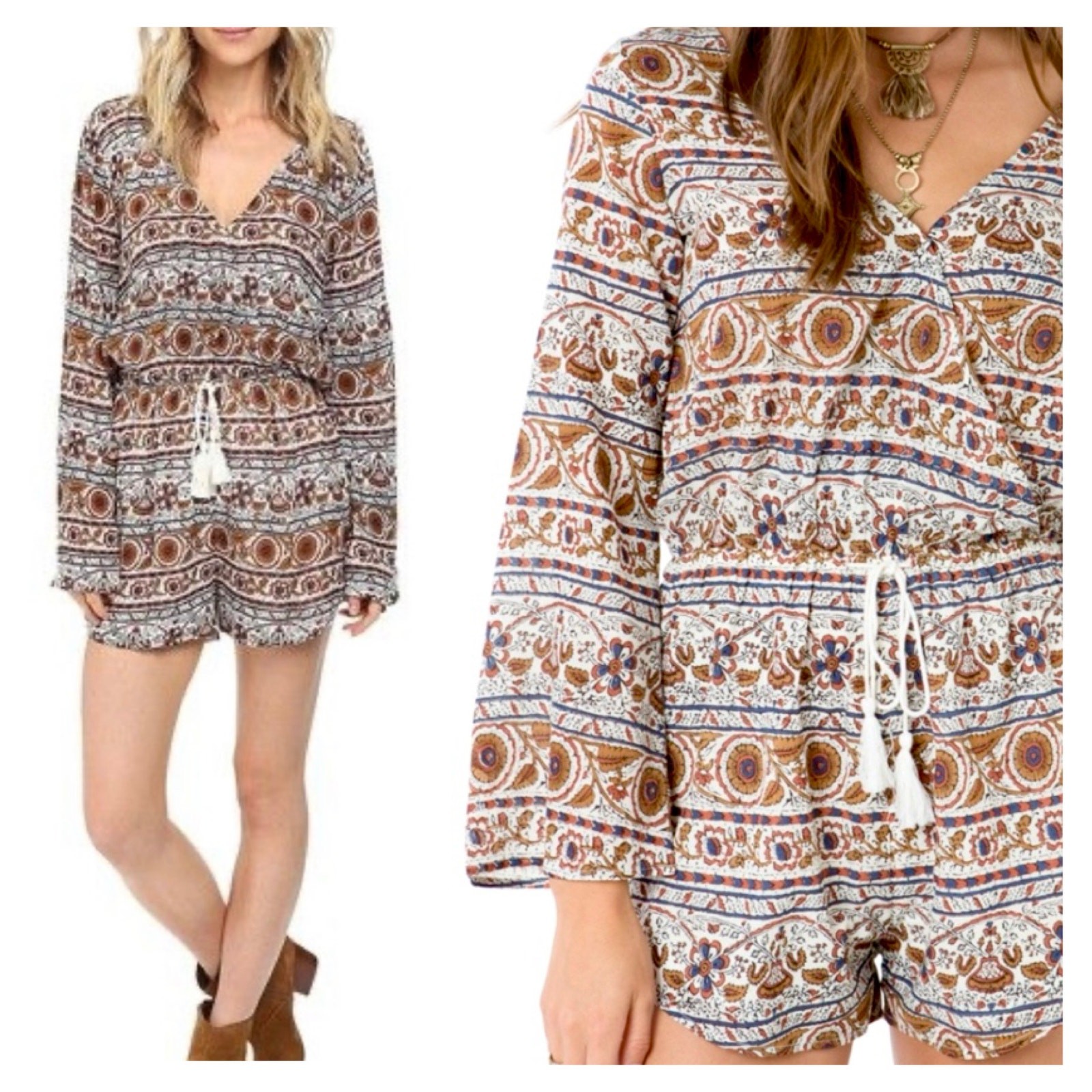 O’Neill Bohemian Aztec Bell Sleeve Romper Sz Small Beach Festival Hippie Indie