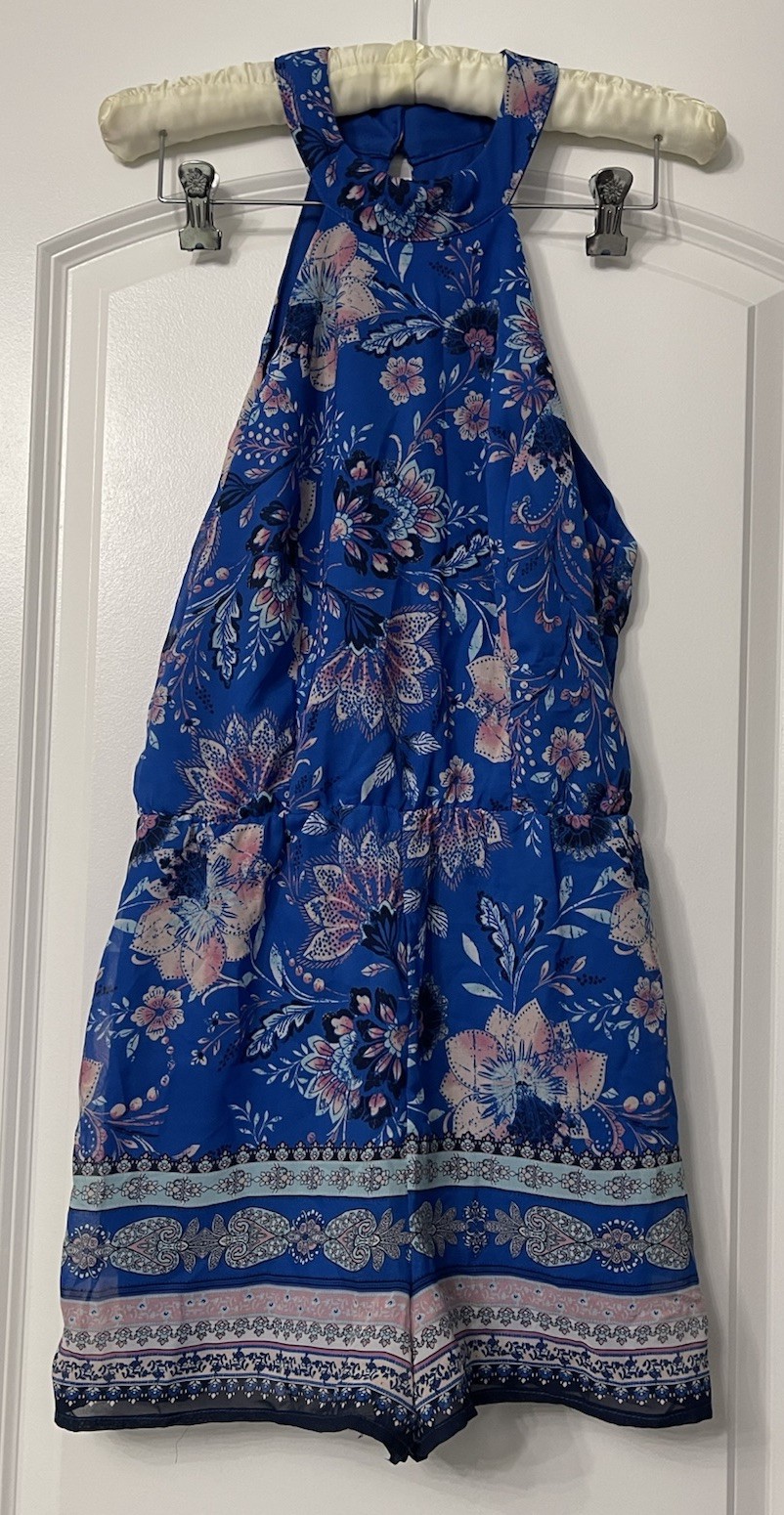 Coastal Blue Floral Romper M Women High Neck Jumpsuit Short Festival Outfit Boho