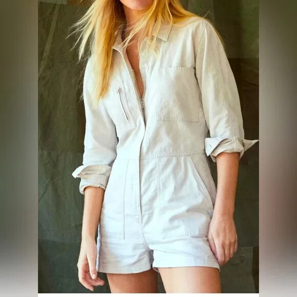 OUTERKNOWN STATION SUIT SHORTALL LINEN BLEND ROMPER – NATURAL NWT Size S