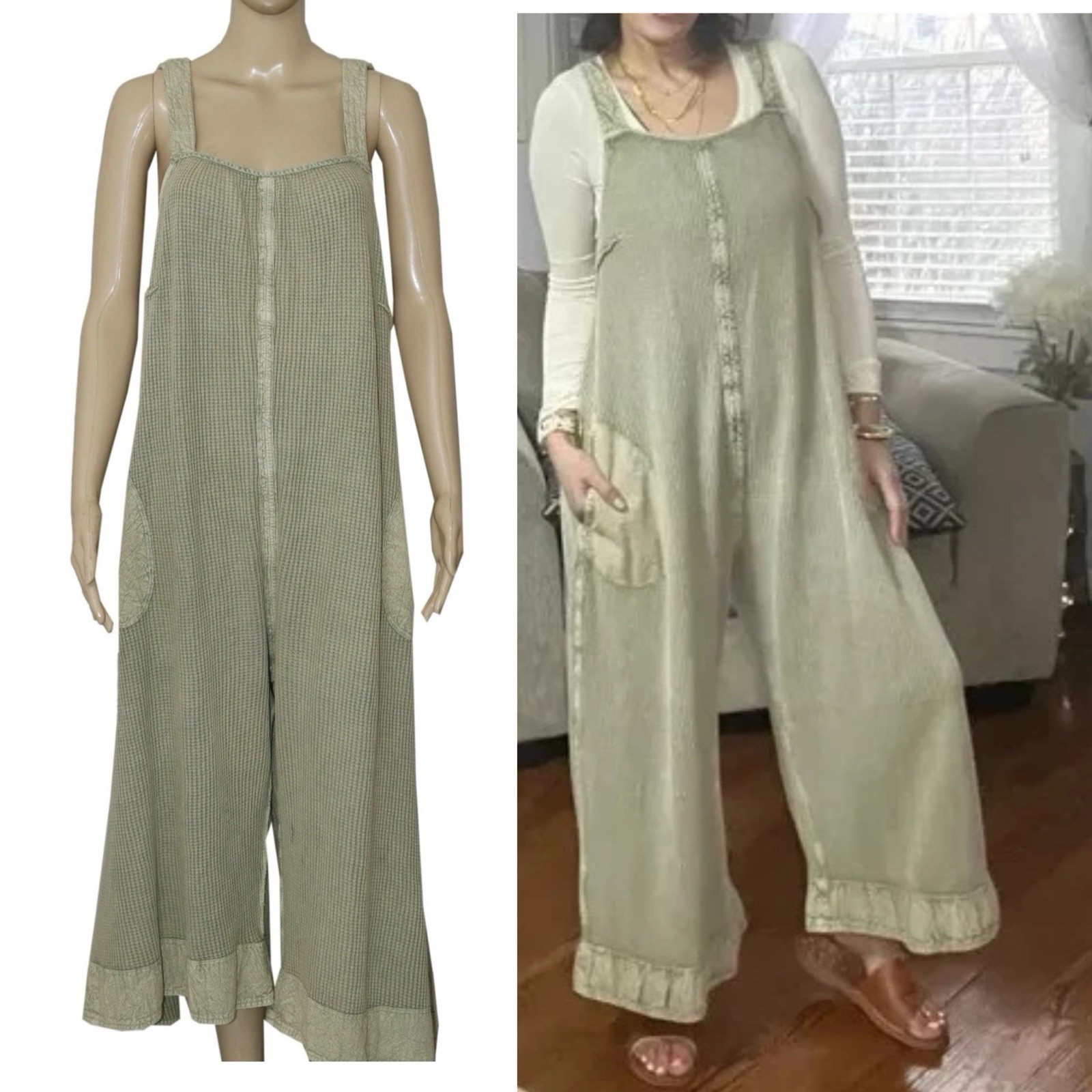 FP One Free People Callie Knit Jumpsuit Sz M L sage green waffle