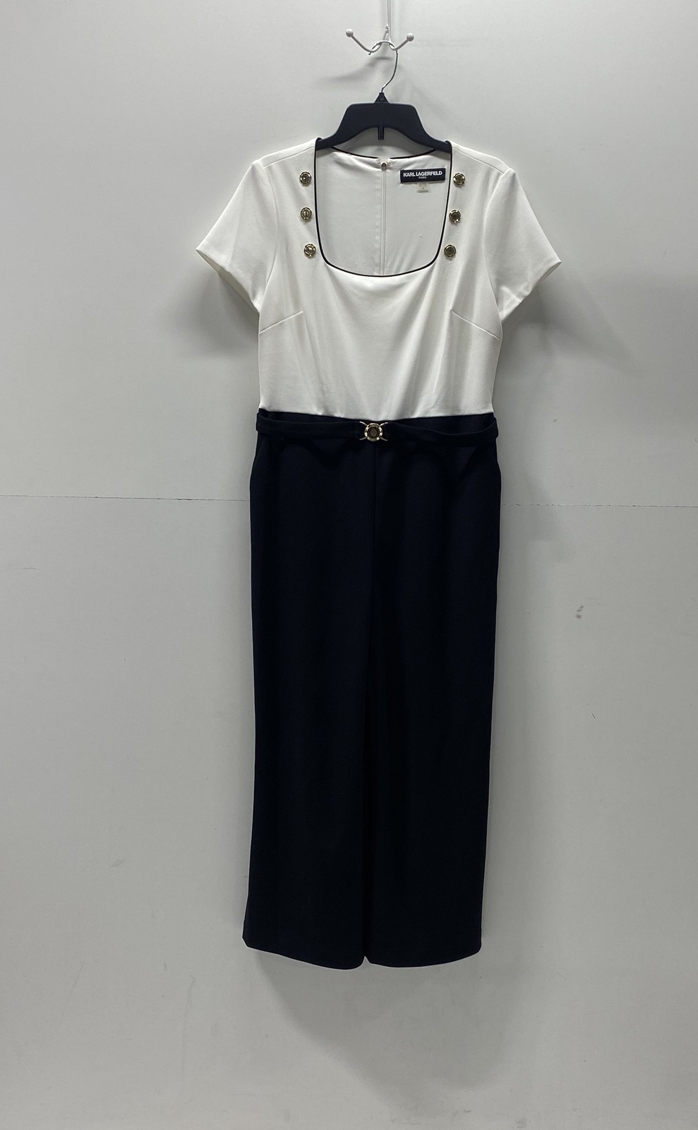 Karl Lagerfeld Paris Women’s Jumpsuit White Navy Colorblock Wide Leg Size 12