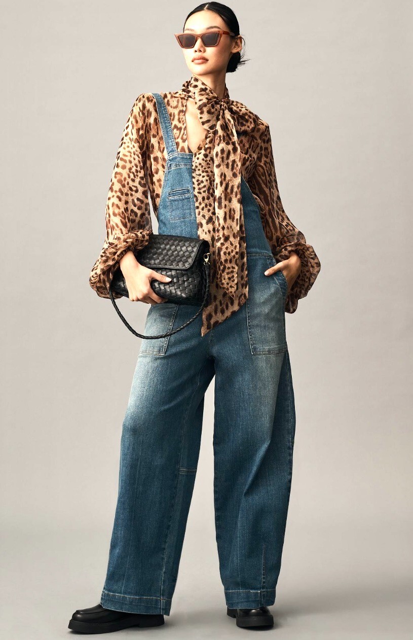 Anthropologie Pilcro Barrel Leg Zip Front Overall Adjust Medium Blue Denim S NWT