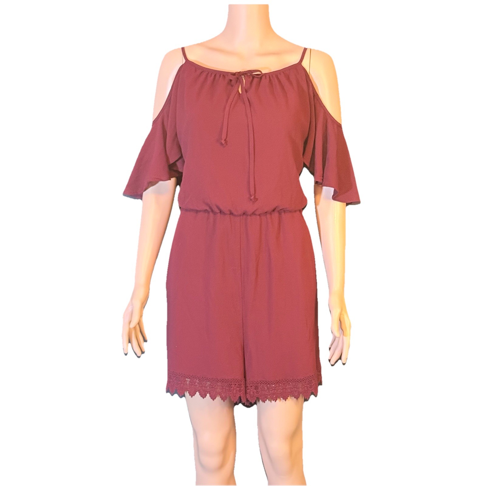 Maroon/Burgundy Cold Shoulder Romper Flutter Sleeves Camisole Straps Tie-Neck