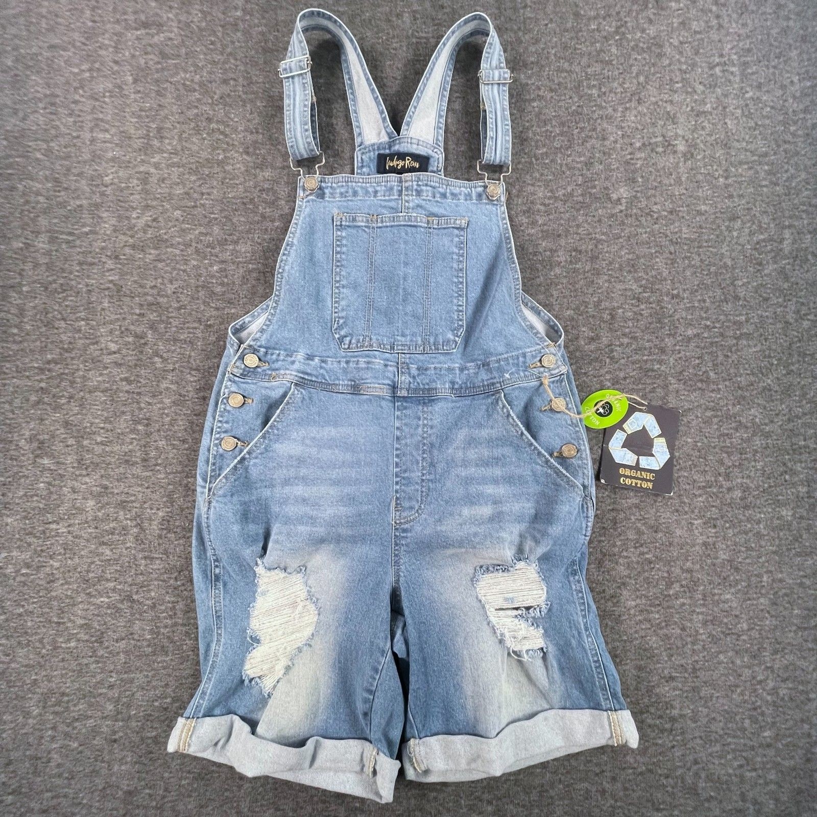 Indigo Rein Distressed Denim Shortalls 11/29 Organic Cotton Blue Overalls Garden