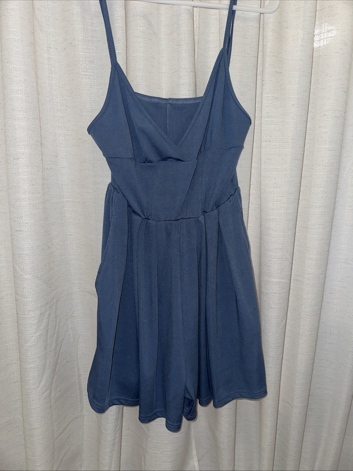 Cider Large Spaghetti Strap Blue Romper Pockets