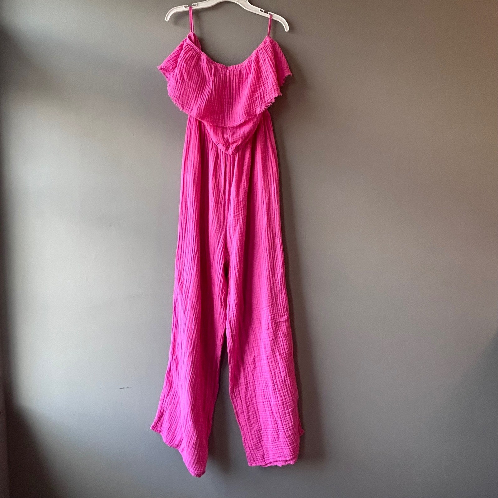 Michael Stars Hot Pink Cotton Gauze Ruffle Wide Leg Jumpsuit Medium Strapless M