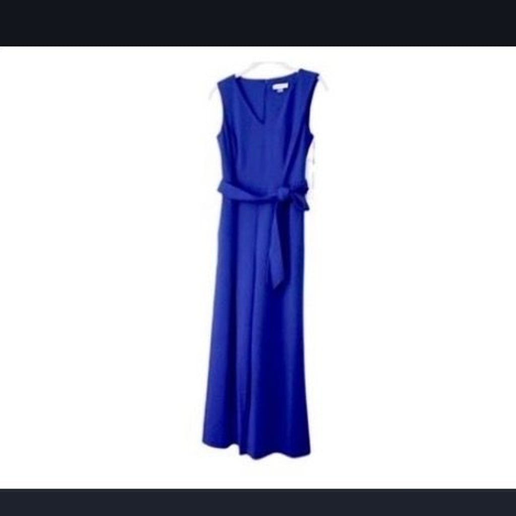 Calvin Klein Sleeveless V-Neck Belted Wide-Leg Jumpsuit in Royal Blue