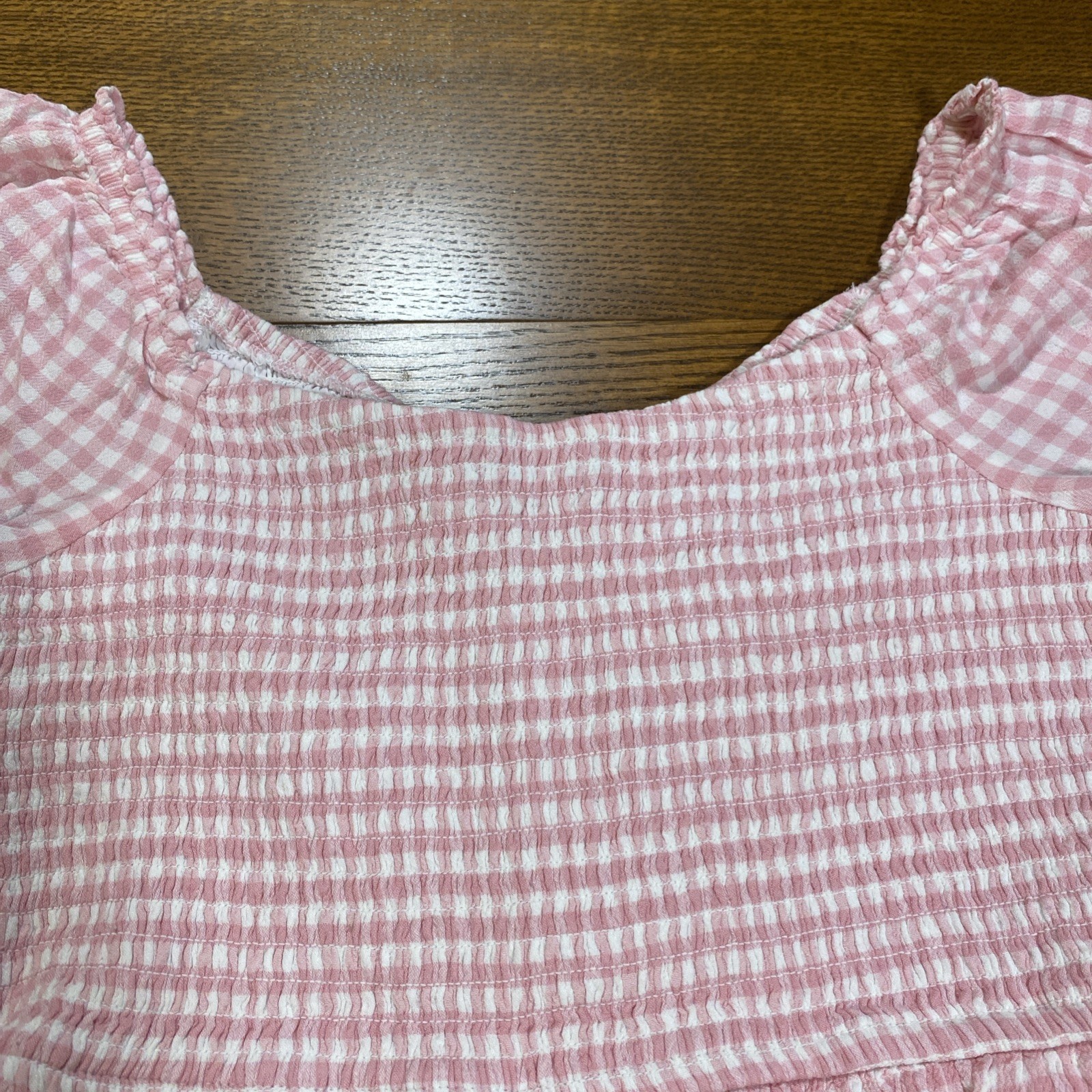 HOLLISTER Pink White Gingham Romper Puff Sleeve Picnic Coquette Cottage Farm L
