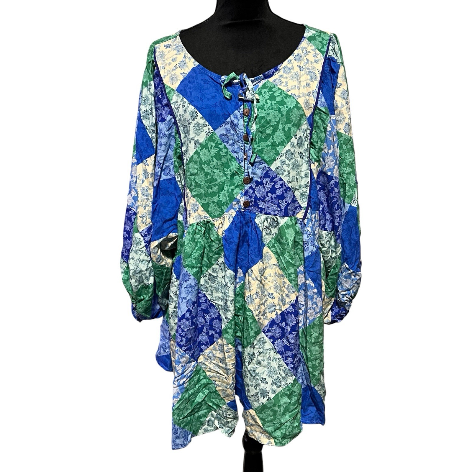 Rusttydustty Women’s Size 2XL Patchwork Floral Button Front Romper Long Sleeves