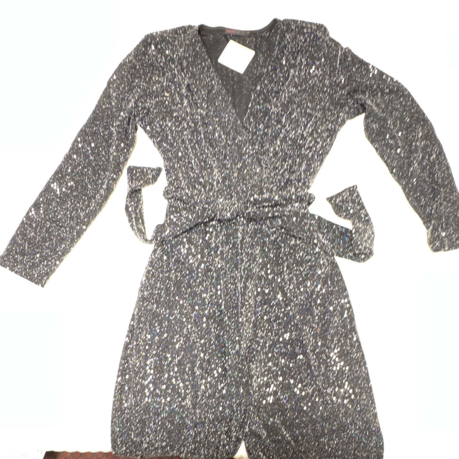 fraiche by J Women L Black Sequin Long Sleeve V-Neck Belted Tie Jumpsuit