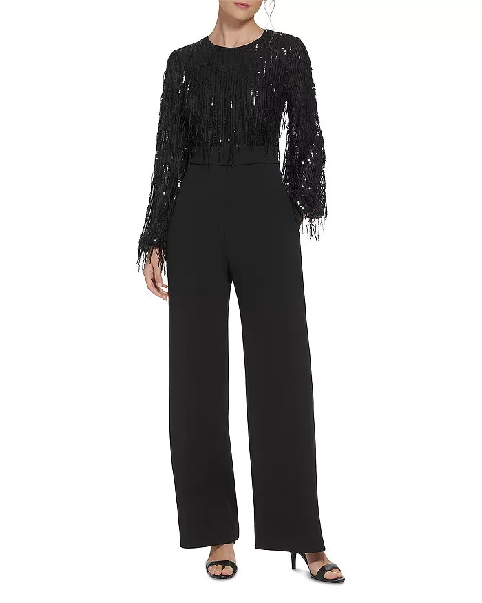 Eliza J Black Sequin Fringe Long Sleeve Jumpsuit Size 2 $208