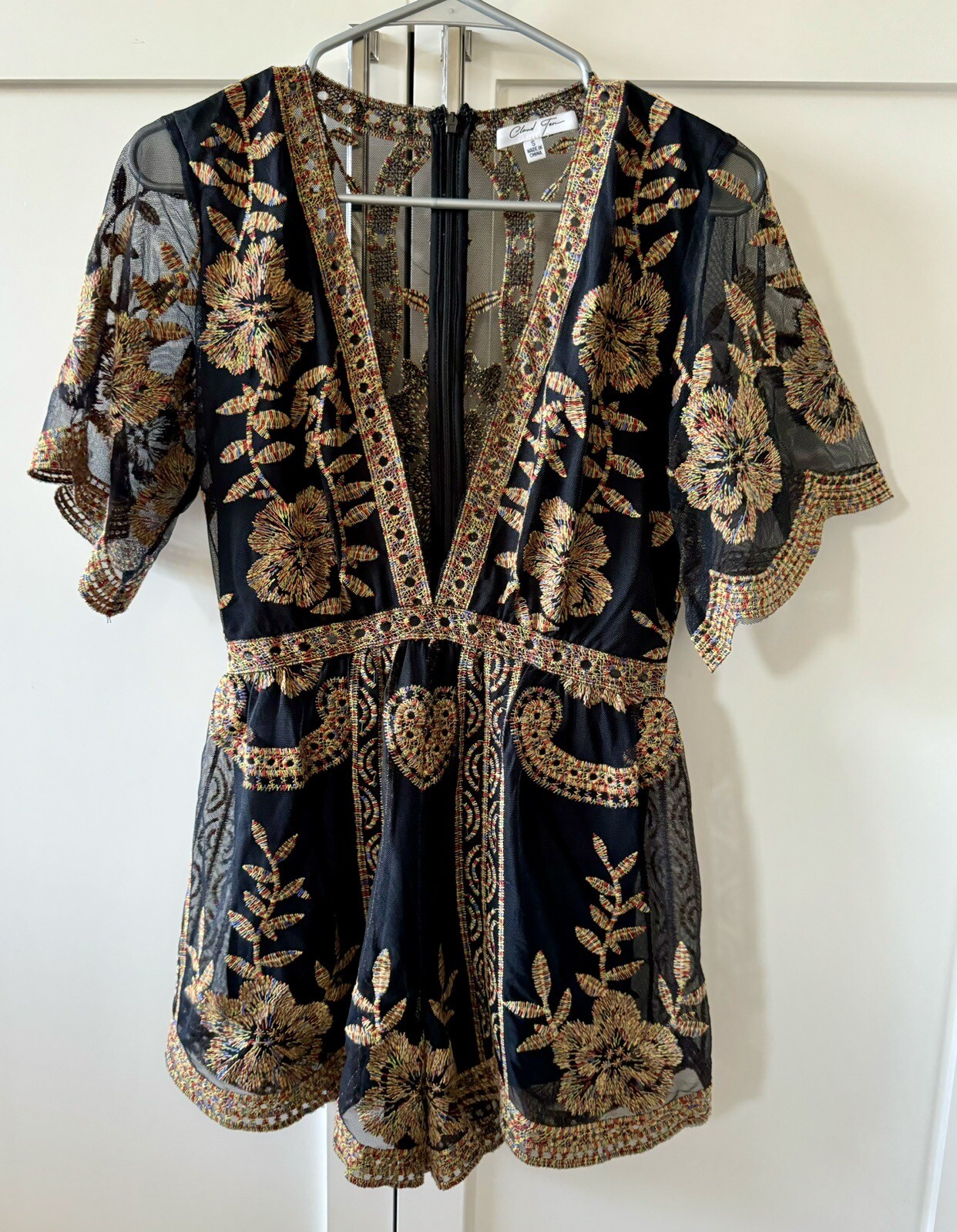 Cloud Ten Small Embroidered Lace V-Neck Romper, Sheer Back, Multi Color, Shorts