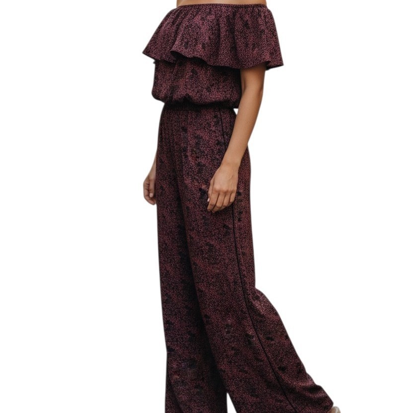 Gibson Latimer Burgundy-black Pattern Jumpsuit Off The Shoulder L Wide Leg Boho
