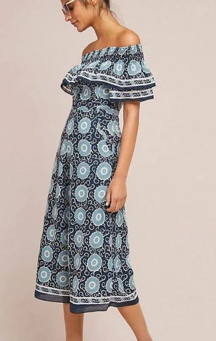 Kopani Suzani Off Shoulder Jumpsuit Womens S Pants Blue White India Pockets