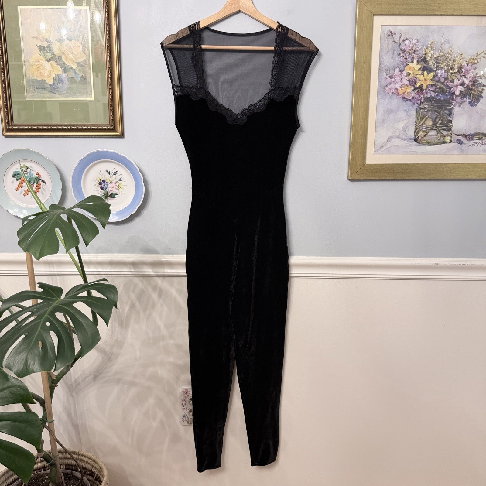 Vintage 90s Black Velvet Jumpsuit Size Small Illusion Sheer Mesh Glam Cat Suit