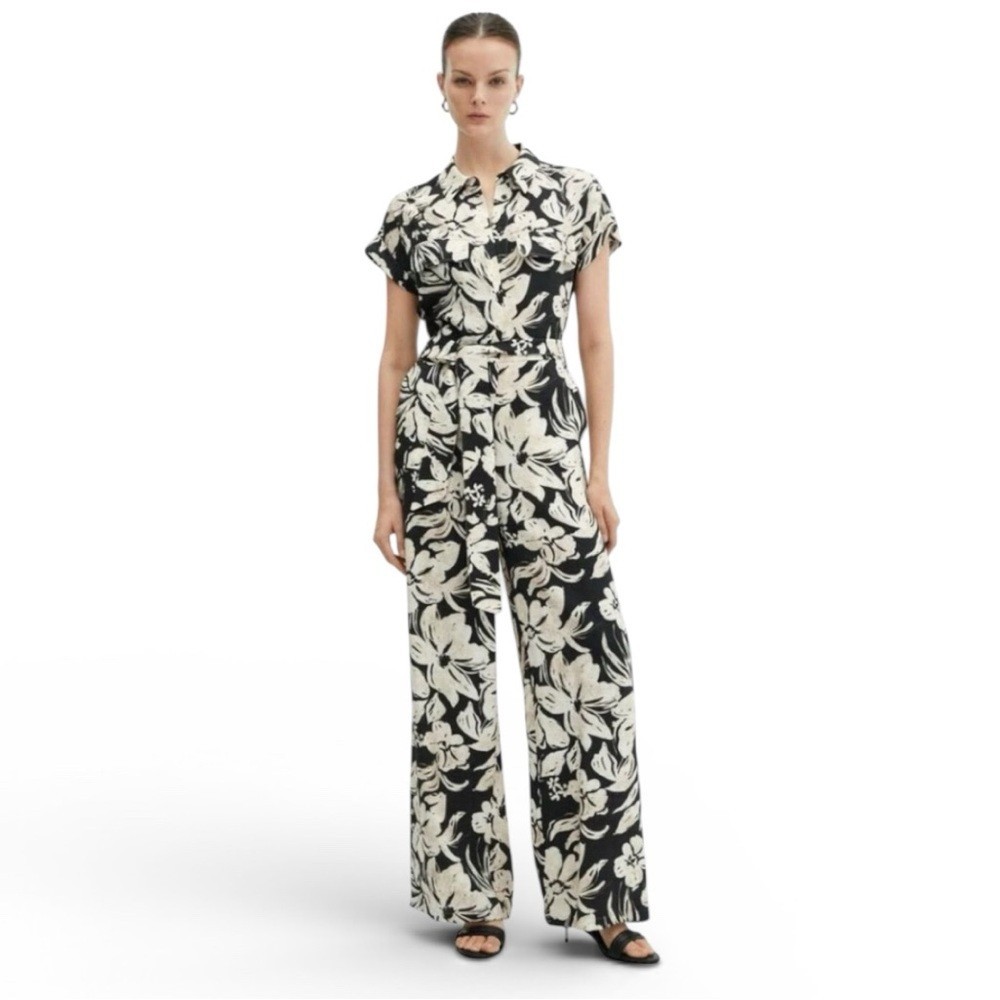 New Mango Black & Cream Floral Jumpsuit Womens Size Medium Short Sleeve Wide Leg