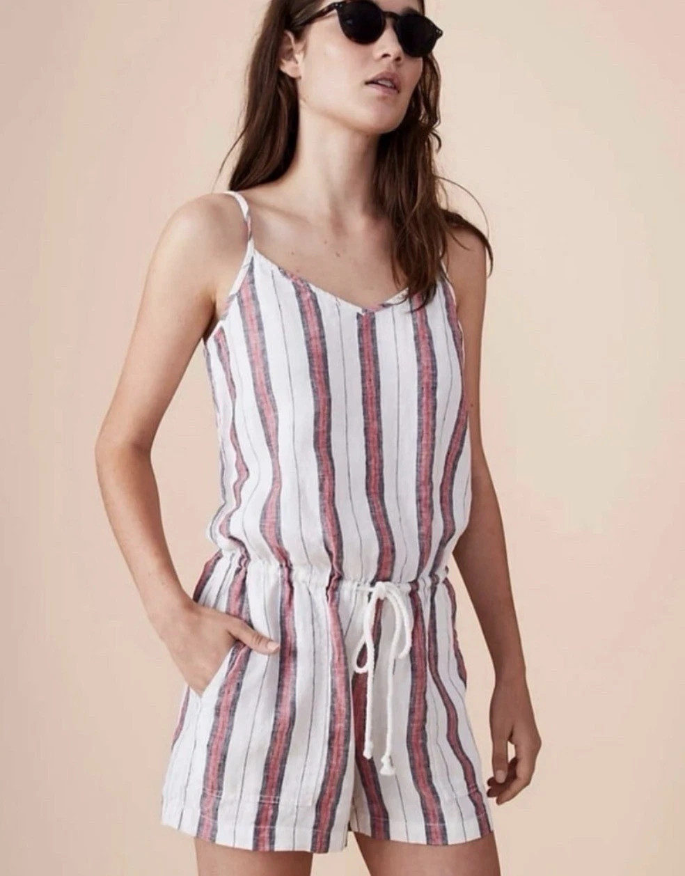 Lou & Grey 100% Linen Romper M Red Striped Drawstring Summer Boho Casual Beach