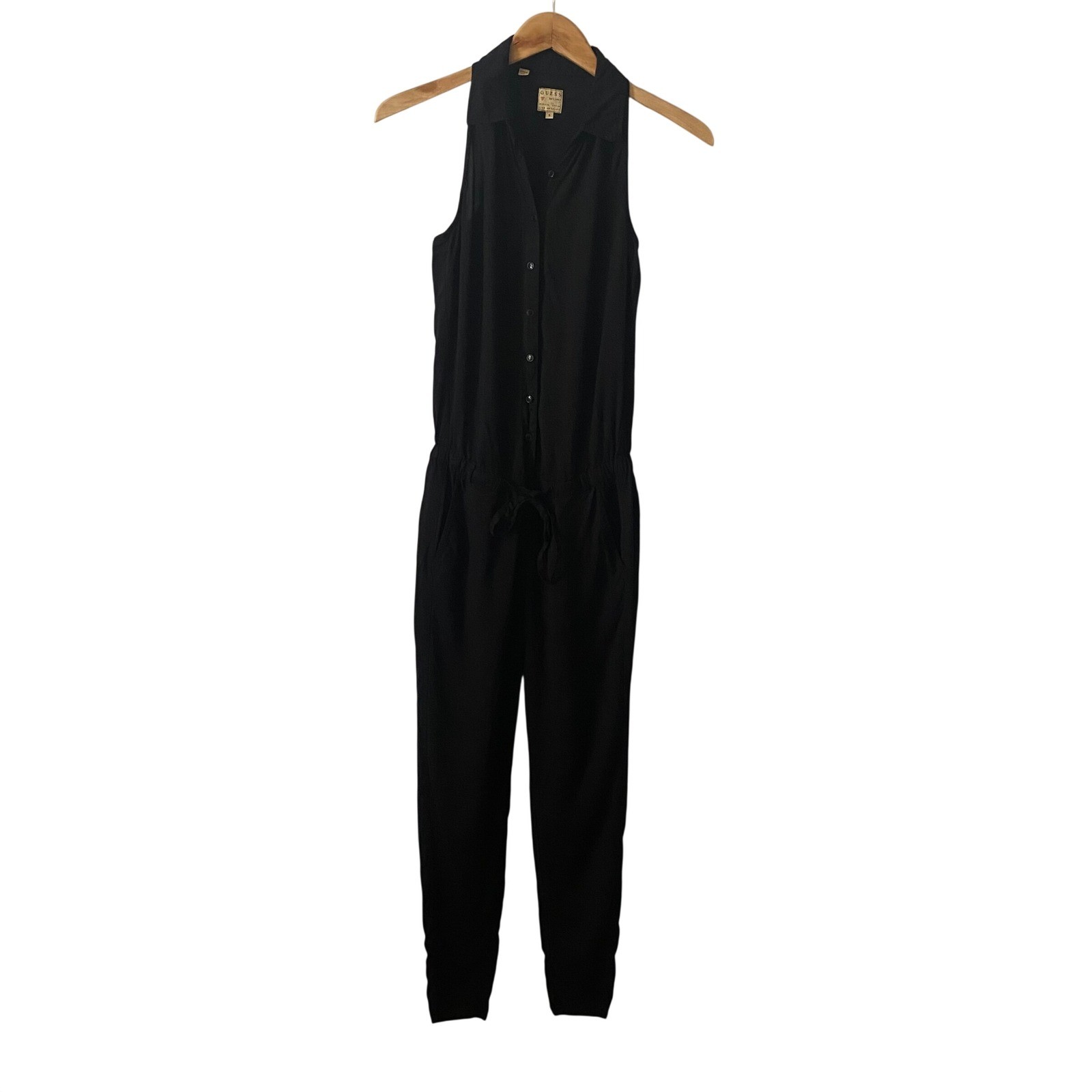 Guess Womens Black 100% Silk Sleeveless Button Front Luxury Jumpsuit Size Small