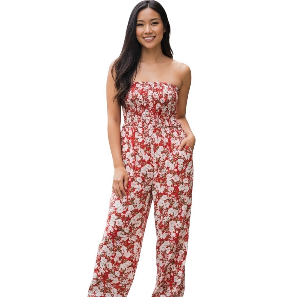 American Eagle Floral Jumpsuit Womens Size XL Tropical Smocked Wide Leg