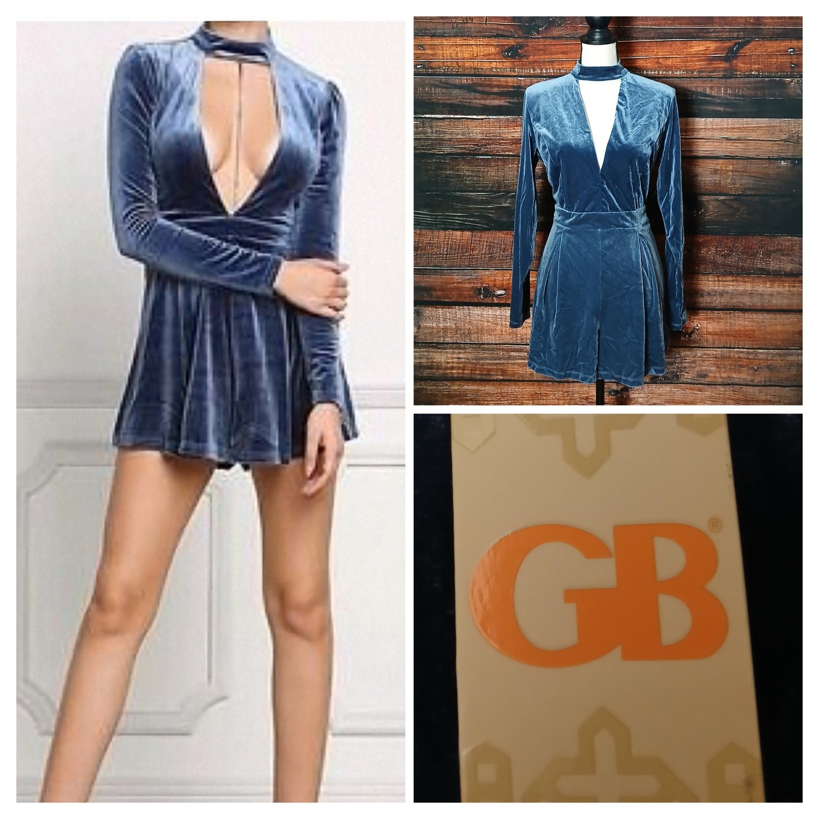 GB Gianni Bini M Romper Shorts Jumpsuit Blue Velvet Long Sleeve Zip Back NWT