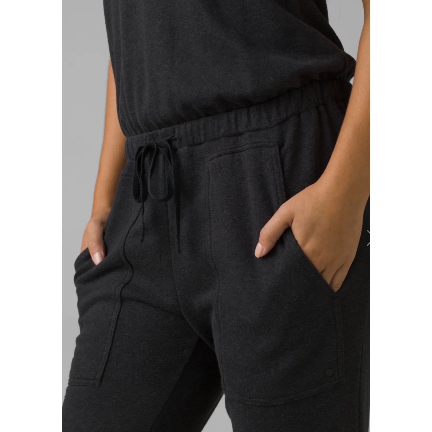 Prana Womens Cozy Up Jumpsuit Black Hemp Blend French Terry Sz Small