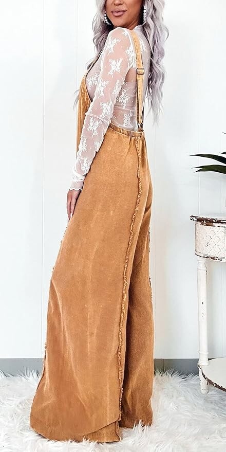 Women Loose Fit Denim Jumpsuit Adjustable Straps Wide Leg Long Pants Frayed Jean