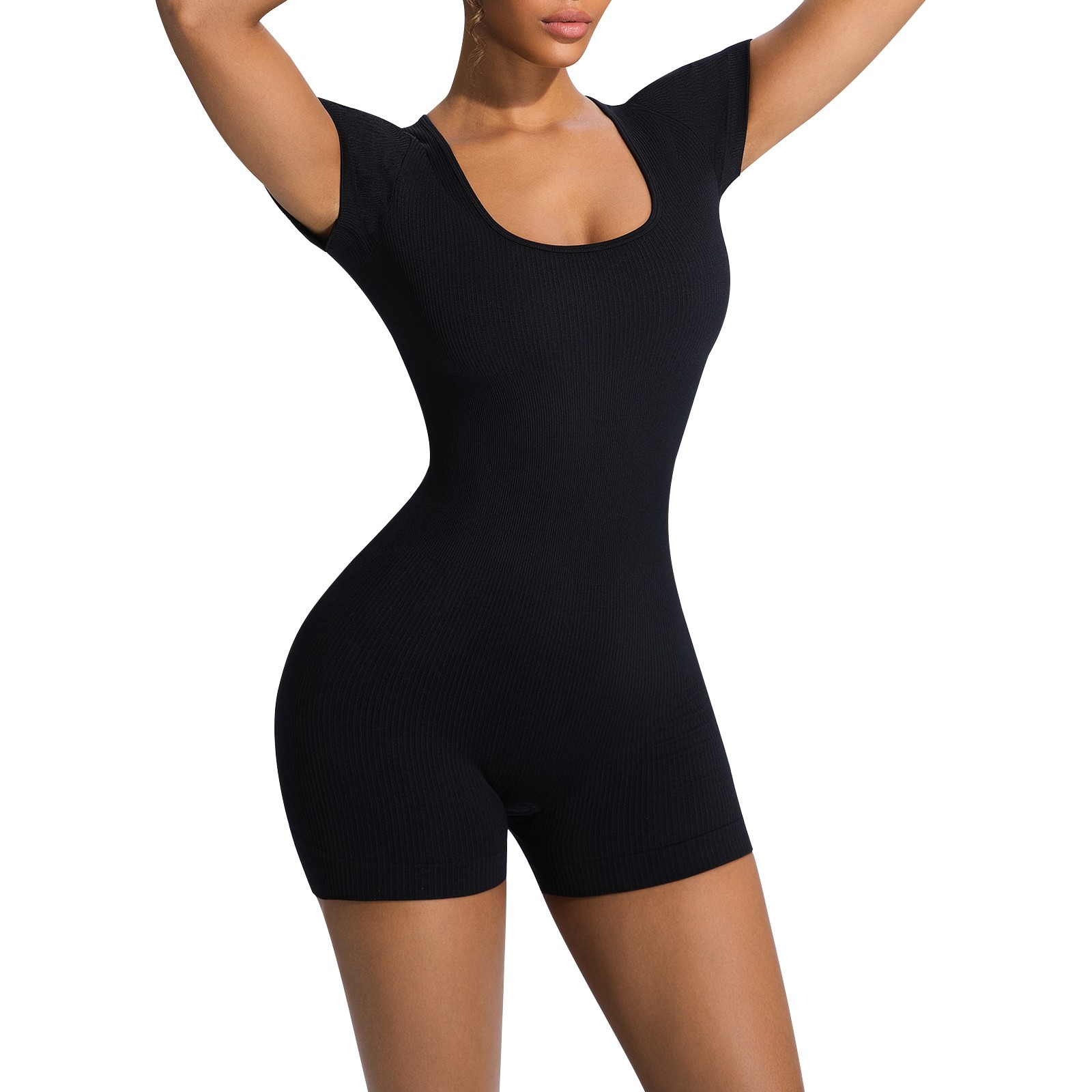 Women Rompers Ribbed Short Sleeve Stretch Tummy Control Yoga Workout Rompers