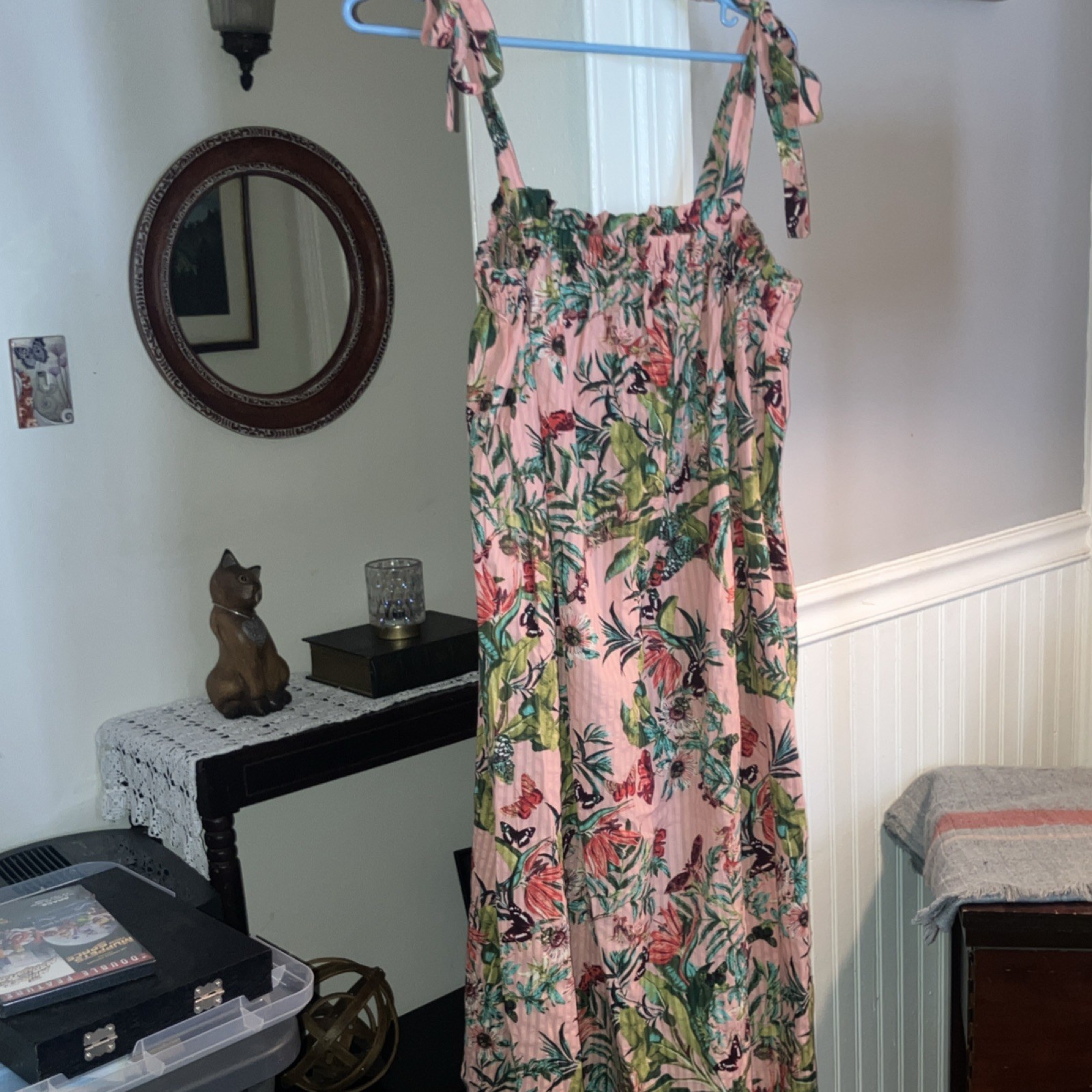 Women’s Pink Green Floral Tropical Sundress with Tie Straps