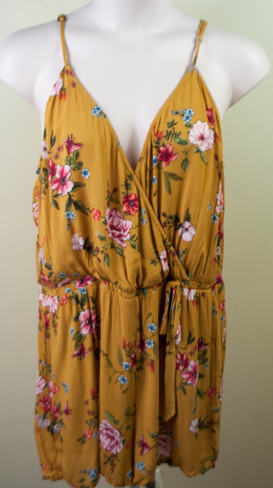 Xhilaration Women Mustard Floral Short Romper Spaghetti Straps XXL