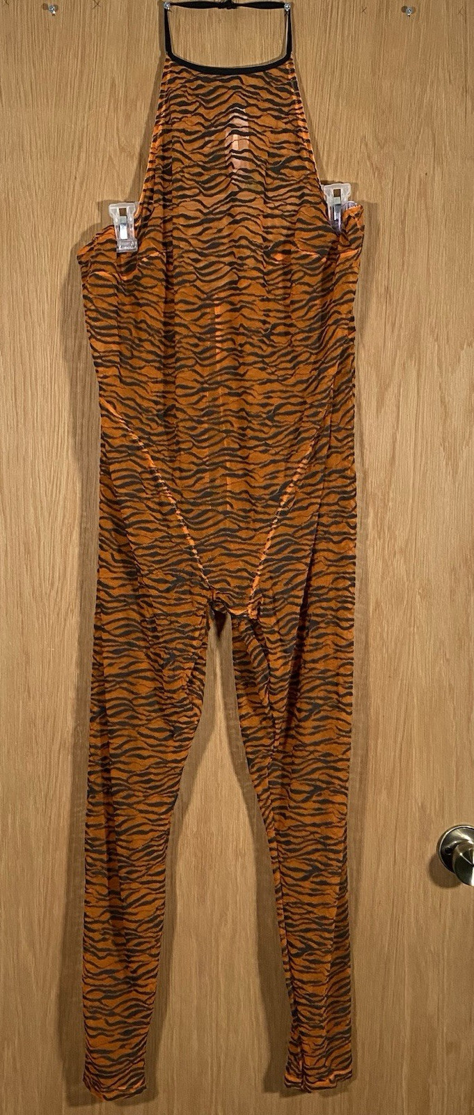 Savage X Fenty Tiger Stripe Print Halter Jumpsuit Lingerie Mesh Open Bum Sz 3X
