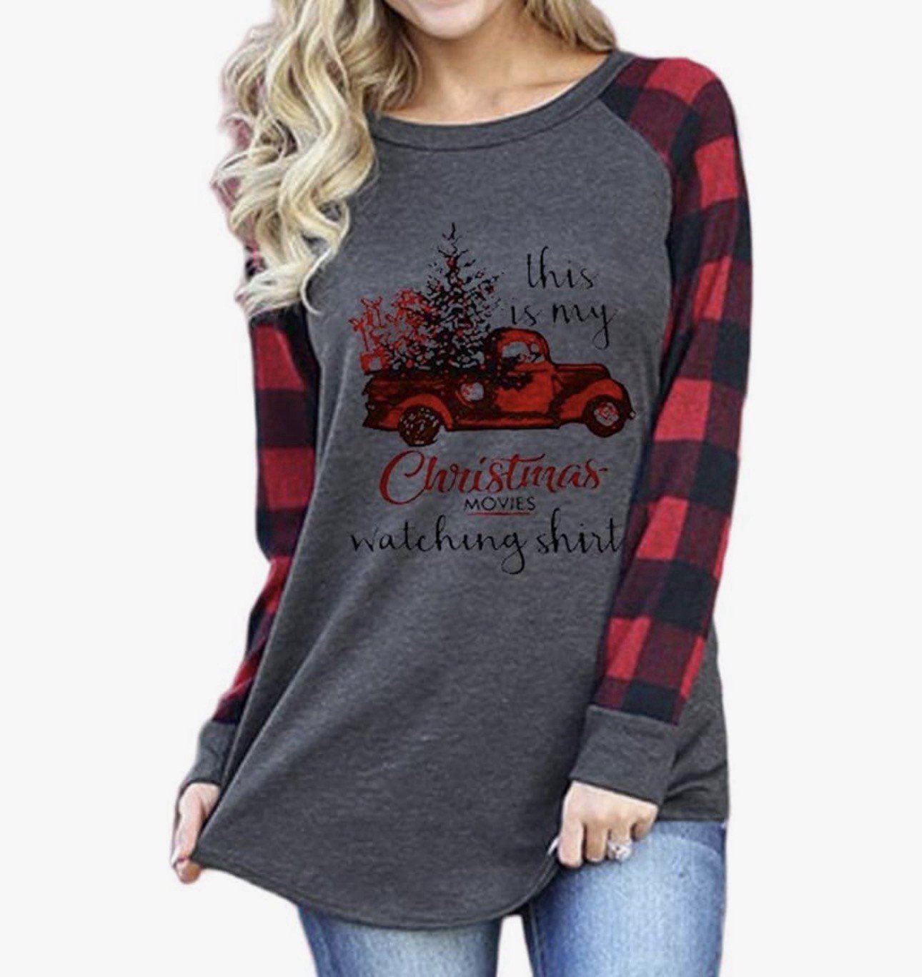Merry Christmas T Shirt for Women Baseball Long Sleeve Raglan White Plaid Tee