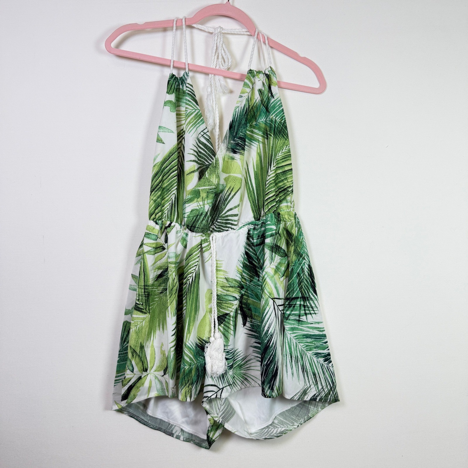 LUXXEL Green White Palm Leaf Print Halter Tassel Romper L