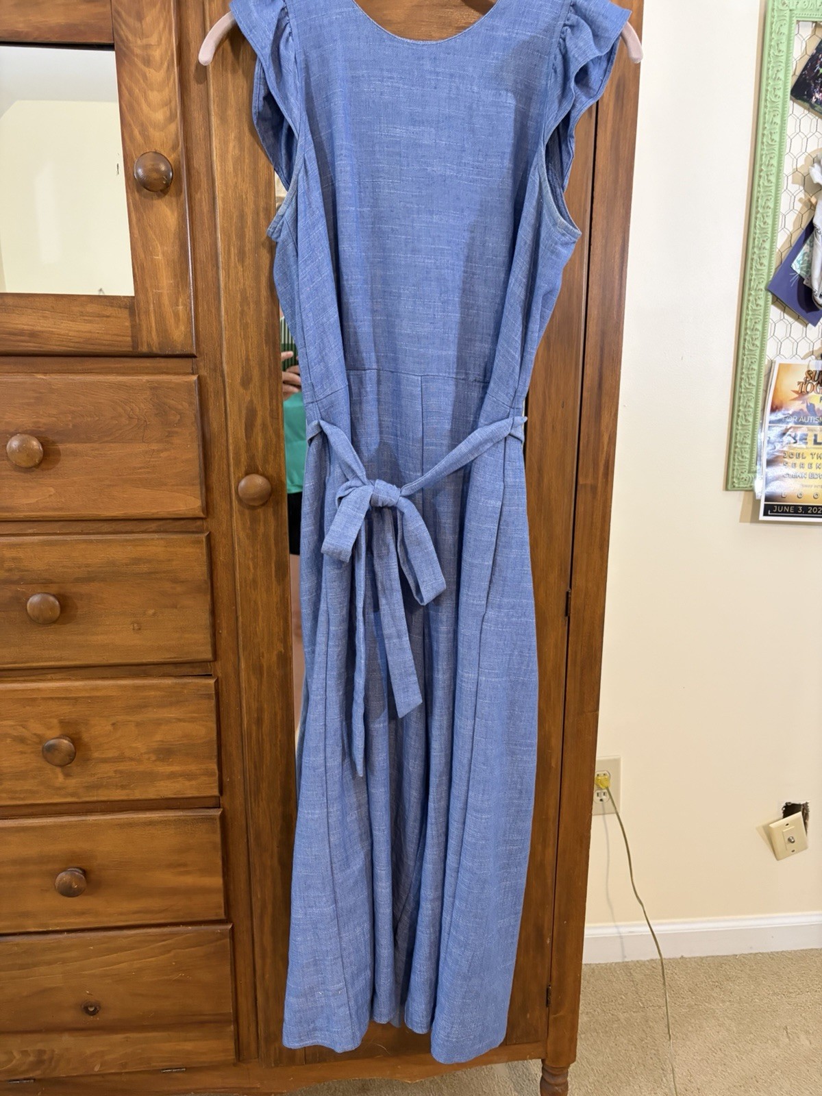 52seven Blue Solid Wide Leg Jumpsuit Tie Waist Pockets Back Zip Regular S